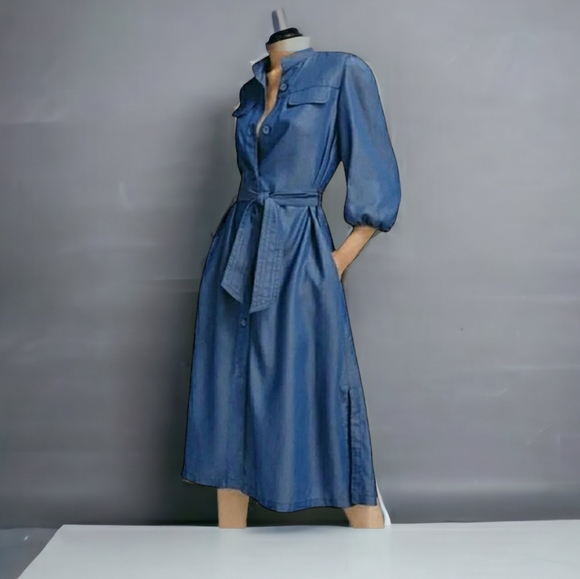 Massimo Dutti Shirt Dress 3/4 Sleeves Mockneck Minimalist Lyocell Chambray Midi - Picture 4 of 16